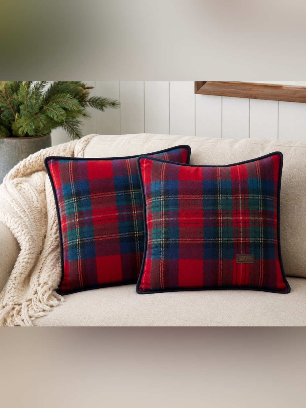Pendleton 20” Wool Plaid Throw Pillows Set of 2 Red Tartan Cabin Lodge Decor - Picture 1 of 9